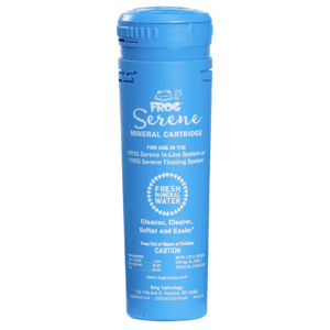 A blue bottle with a blue label on it, containing a Frog Serene Mineral Replacement Cartridge for Hot Tubs for use only with Frog Serene in-Line and Floating Sanitizing Systems for Spas up to 600 gallons, Quick and Easy Hot Tub Sanitizer.